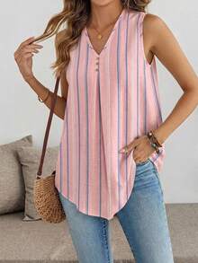EMERY ROSE Striped Plus Size V-Neck Sleeveless Shirt Suitable For Summer - Multicolor - View 1