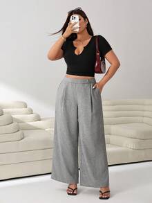 Solflare Red Casual Plus Size Women's Pocket Wide Leg Loose Pants Bussines Vacation Summer - Grey - View 6