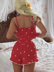 CottageSlumber Conjunto de pijama de camisola y shorts de terciopelo acanalado para mujer con ribete de volantes, pequeños lazos y diseño romántico de corazón - Rojo - Ver 3