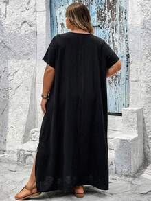 SHEIN CURVE+ 大码女装纯色休闲派对旅行连衣裙 大码女装 8XL 女装 大码女装连衣裙 宽松连衣裙 大码夏季服装 8XL 连衣裙 黑色长款连衣裙 大码女装夏季服装 - 黑色 - 查看 2