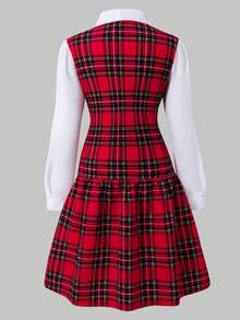 Tween Girls' 2 In 1 Plaid Dress, Long Sleeve, Collared, Bow Decor, Shirt Splicing, Fashion, Preppy Style, Autumn/Winter - Red - View 3