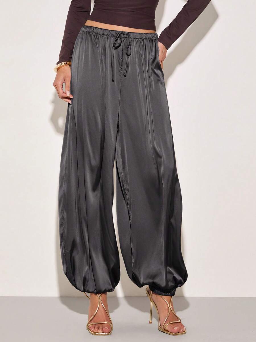 COSMINA Women's Drawstring Draped Tapered Wide Leg Long Pants - Grey - View 1