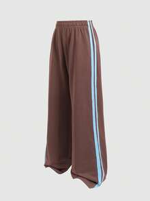 SHEIN Tween Girls Sweatpants Summer New Retro Brown Colorblock Webbing Patchwork Casual Loose Sweatpants - Brown - View 3