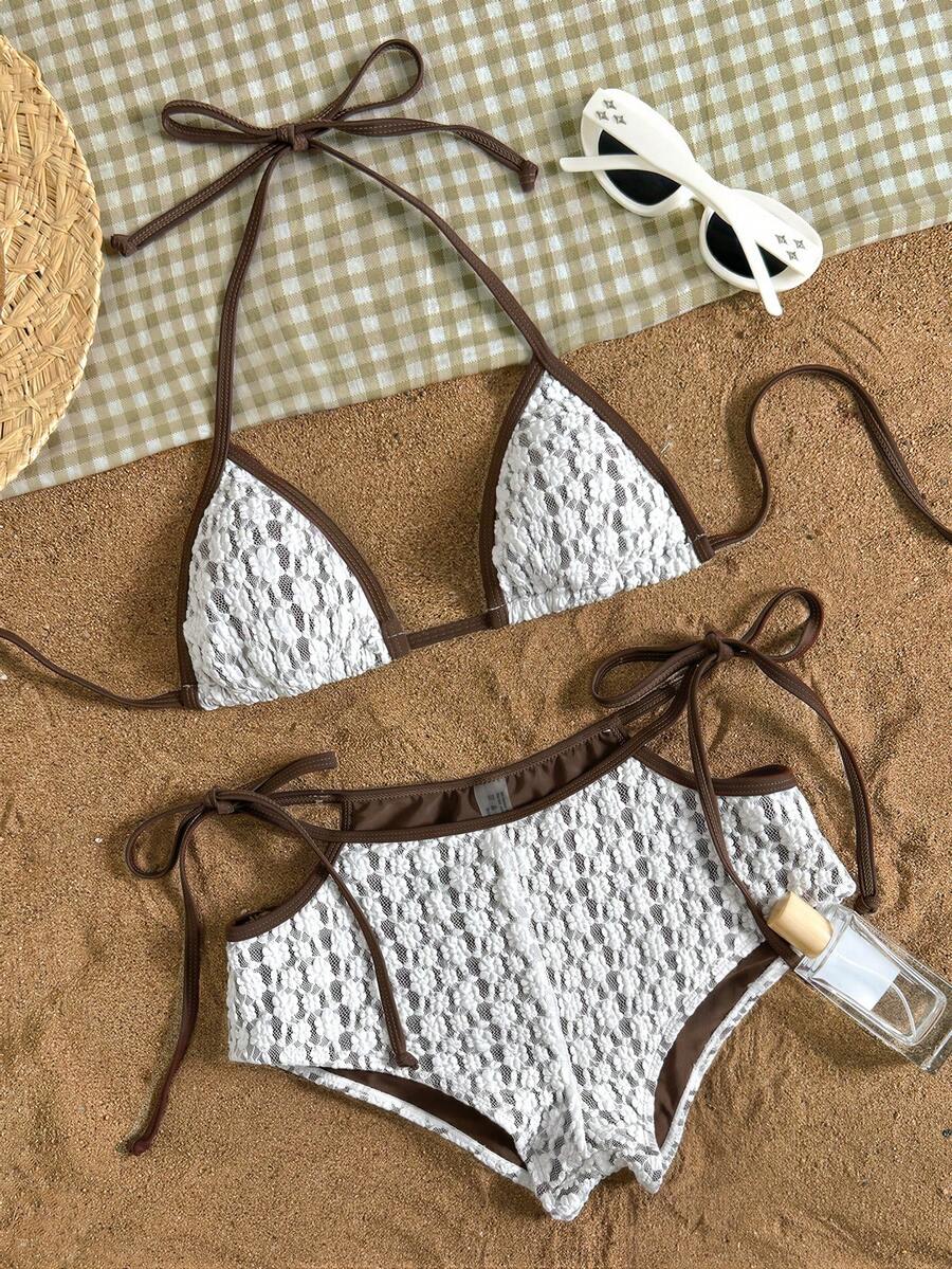 SHEIN Swim 白色蕾丝面料,侧系带设计,优雅性感女士泳装套装 - 彩色 - 查看 1