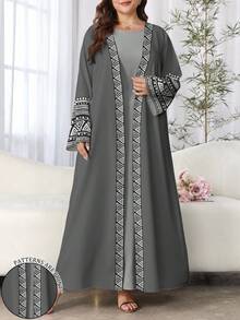 SHEIN Najma 女式优雅几何花卉印花长袖休闲阿拉伯长袍，春秋装 - 彩色 - 查看 1