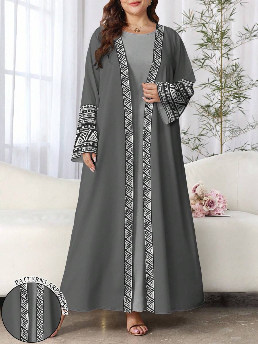 SHEIN Najma 女式优雅几何花卉印花长袖休闲阿拉伯长袍,春秋装 - 彩色 - 查看 1