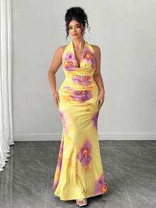 Elenzga Conjunto de 2 piezas de top con estampado floral de cuello de corbata elegante y falda maxi ajustada para mujer de talla grande - Amarillo - Ver 7