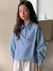 DAZY 青少年女孩秋季服飾 青少年女孩翻領梭織條紋長袖襯衫 - 藍色 - 查看 1