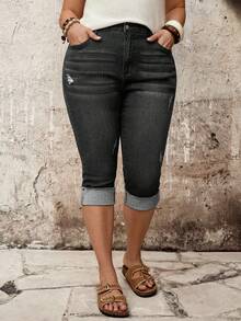 EMERY ROSE EMERY ROSE Jeans Capri Casuales de Talla Grande para Mujer con Bajo Deshilachado, Bolsillos y Ajuste Ceñido - Negro - Ver 3
