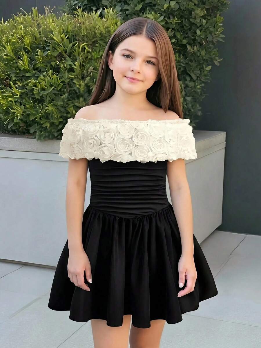 Firerie Kids Firerie Kids Tween Girl Spring/Summer Casual Elegant Patchwork Ruffle Hem Off-Shoulder Maxi Dress, Party Dress, Floral Lace Mesh Patchwork Dress - Black - View 1