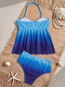 SHEIN Tween Girl Tween Girl Printed Polka Dot Halter Tankini Swimwear Set, Suitable For Beach, Vacation - Blue - View 3