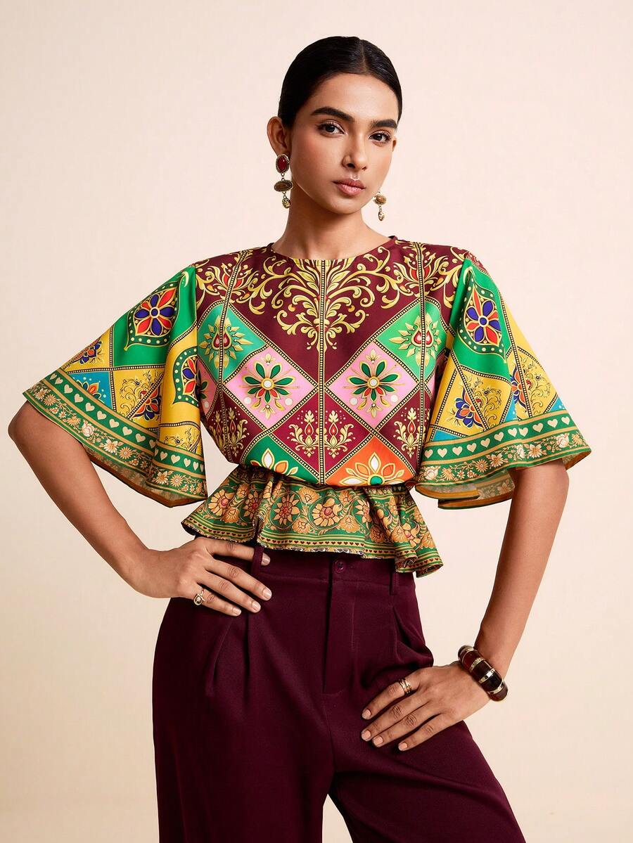 LOTSLUV Women's Spring/Summer Vacation Colorful Placement Print Round Neck Waist-Defining Ruffle Hem Blouse - Multicolor - View 1