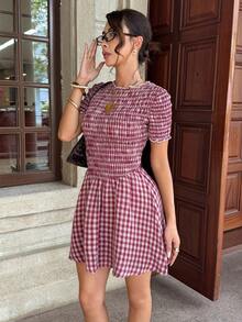 Siren Gaze Cottagecore Cute 70s Plaid Short-Sleeve Dress High-Waisted Pleated Bodice Ruffled Cuffs Puffed A-Line Mini Summer Vacation White Brunch - Red - View 4