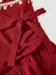 SHEIN MOD 女款夏季海灘荷葉邊露背掛脖迷你洋裝 - 紅色 - 查看 8
