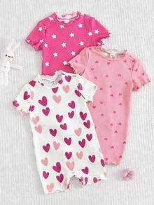 SHEIN 3pcs Baby Girl Knitted Star & Heart Pattern Ruffle Collar Casual Romper Set - Multicolor - View 4
