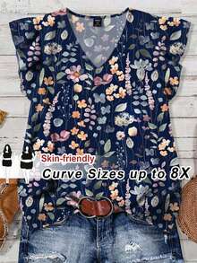 SHEIN CURVE+ Plus Size Women Casual Boho Floral Print Ruffle Sleeve Blouse Vacation Navy Blue Summer - White - View 1