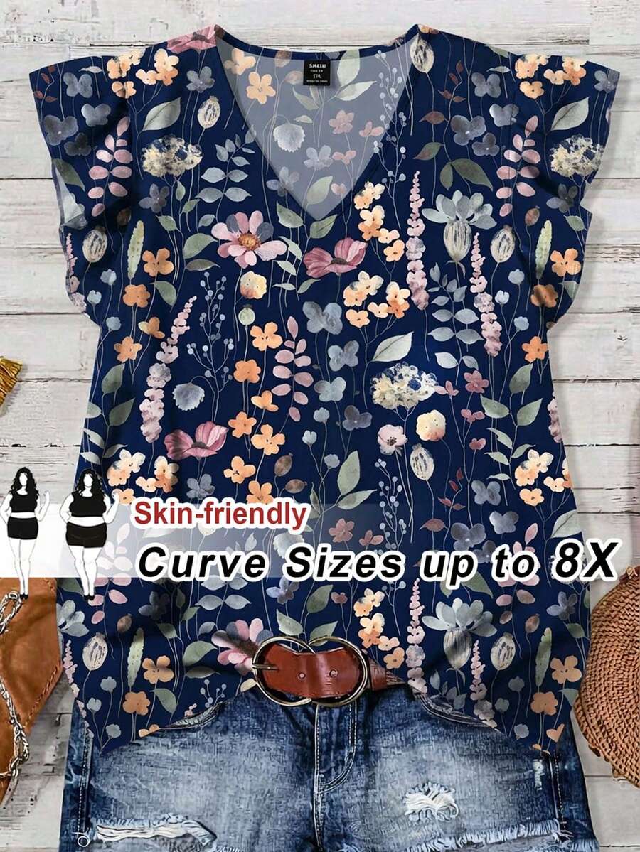 SHEIN CURVE+ Plus Size Women Casual Boho Floral Print Ruffle Sleeve Blouse Vacation Navy Blue Summer - White - View 1