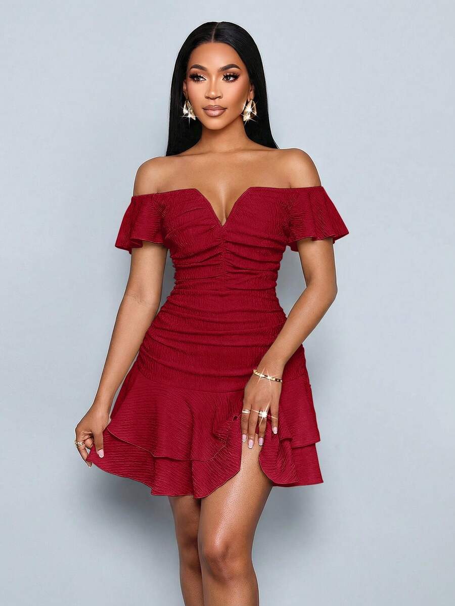 SOLERSUN Women's Fashionable Elegant V-Neck Off Shoulder Ruffle Sleeve Textured Mini Dress – Ruffle Sleeve Ruched Bodycon Double Ruffle Hem Party Dress For Club & Date Night,Women Ruffle Sleeve Ruched Bodycon Double Ruffle Hem Party Club Dress