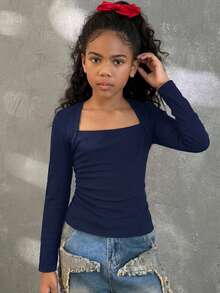 Coolane Tween Girls Fall Fashionable Snug Fit T-Shirt With Raglan Sleeves, U-Neck, Ruched Waist, Stretchy - Navy Blue - View 4