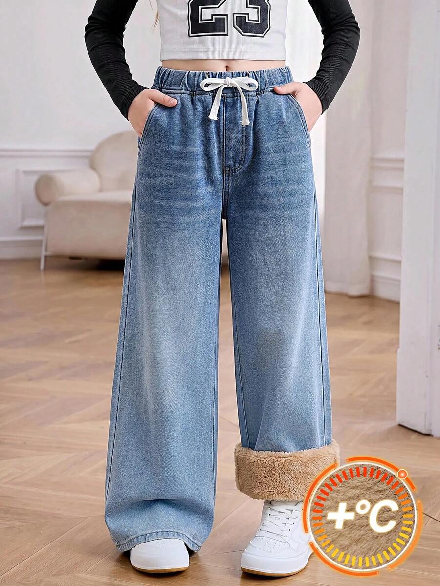 SHEIN 青少年女孩秋冬藍色丹寧抓絨內裡寬鬆長褲 - 中等水洗藍 - 查看 1