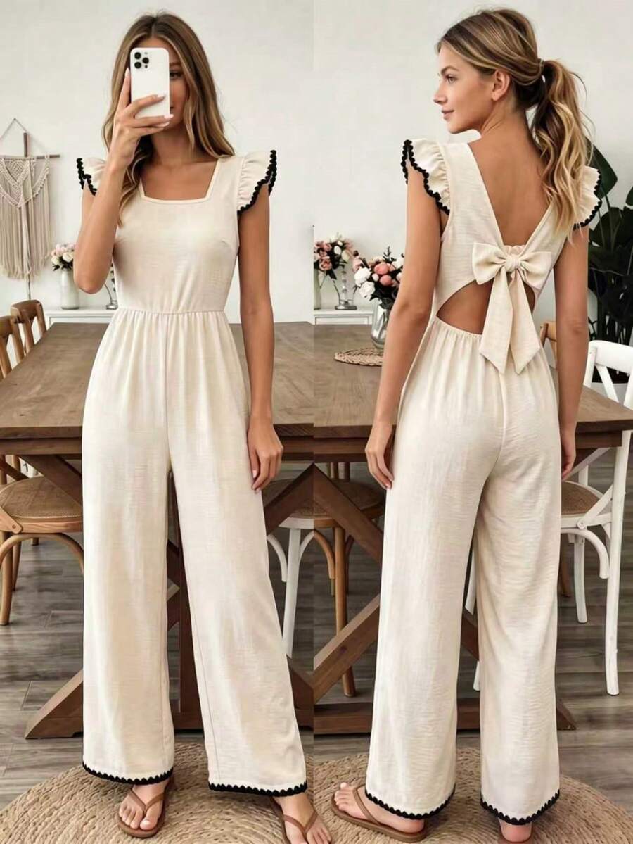 SHEIN Teen Girls One-Piece Jumpsuit, Woven Faux Linen Spring/Summer Casual Fashion Versatile Sweet Ruffle Flutter Sleeve Jumpsuit, Square Neck Backless Bow Design, Contrast Shell Craft Wide Leg Long Pants, Elegant Sweet Style, Suitable For Daily Casual And Vacation Wear In Spring/Summer - Apricot - View 1