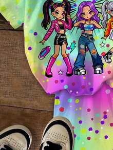 Tween Girl Cartoon Girl K-Pop Superstars , Cartoon Girl Group Print Pattern Colorful Gradient Short Sleeve T-Shirt And Shorts 2-Piece Set Suitable For Summer - Multicolor - View 7