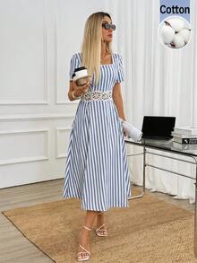 Easowa Abito midi da donna con scollo quadrato, bordo a contrasto, vita in pizzo patchwork, arricciato e arricciato sul retro, vita stretta, gonna a pieghe a-line a ombrello, maniche corte, in cotone tinto in filo a righe, tessuto confortevole, stile casual rilassato ed elegante, stile old money, per pendolari e vacanze, primavera estate - Blu e Bianco - Visualizzare 3