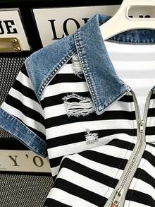 Resyla Women's Striped Colorblock Distressed Design Zipper Casual Versatile Daily Outing Top - Black - View 3