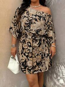Weeklong Women's Plus Size Spring/Summer Vacation Asymmetrical Shoulder Waist-Cinched Solid Color Large Floral Print Short Dress - Multicolor - View 3