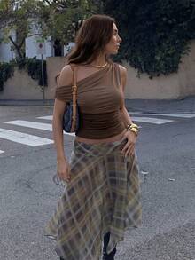 Firerie Women's Summer Elegant Sexy Romantic Fashion Commuter Asymmetric Neck Slim Fit Shades Of Brown T-Shirt Top, Solid Color Ruched Mesh Top, Going Out - Coffee Brown - View 11