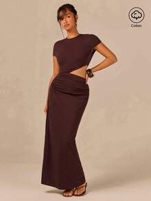 Athîral Women's Casual Dark Brown Short Sleeve Waist Cutout Maxi Bodycon Dress,  Summer Outfit, Commute Outfit, Casual Dress Vacation - Brown - View 1