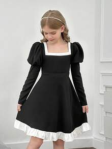 SHEIN Tween Girl Elegant Black And White Contrast Ruffle Square Neck Lantern Puffy Long Sleeve A-Line Dress - Black - View 7