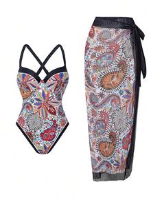 Swim Oasis 女款海灘夏季套裝，性感花卉印花粗肩帶聚攏式一件式泳衣搭配網格拼接印花長裙 2 件組 - 彩色 - 查看 1