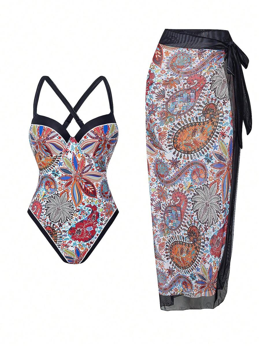 Swim Oasis 女款海灘夏季套裝，性感花卉印花粗肩帶聚攏式一件式泳衣搭配網格拼接印花長裙 2 件組 - 彩色 - 查看 1