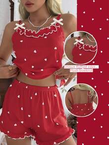 CottageSlumber Conjunto de pijama de camisola y shorts de terciopelo acanalado para mujer con ribete de volantes, pequeños lazos y diseño romántico de corazón - Rojo - Ver 2