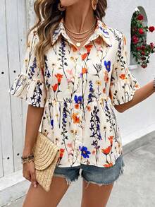 SHEIN Holidaya Women's Summer Fresh Beige Collar Shirt, Cherry Print All-Over Pleated Flare Sleeve Hem Loose Slimming Daily Commute Vacation Versatile Boho Brunch - Multicolor - View 3