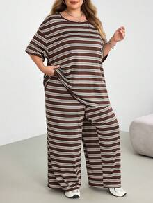 SHEIN CURVE+ Plus Size Women's Striped Short Sleeve Top And Wide Leg Pants Casual 2 Pieces Set - Multicolor - View 4