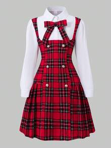 Tween Girls' 2 In 1 Plaid Dress, Long Sleeve, Collared, Bow Decor, Shirt Splicing, Fashion, Preppy Style, Autumn/Winter - Red - View 2