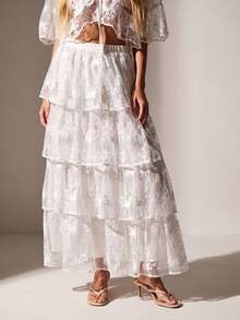 Willow Rêve Embroidered Layered Tulle Lace Cake Skirt For Women - White - View 6