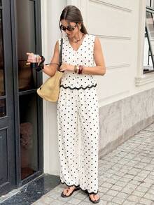 Serisse Women's Polka Dot Black And White Pattern Button Placket V-Neck Vest And Pants Set Vacation Summer Casual - Green - View 11