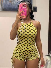 SHEIN SXY Plus Size Women's Elegant Polka Dot Print Drawstring Ruched Tie-Front Romper, Vacation Style - Yellow - View 2
