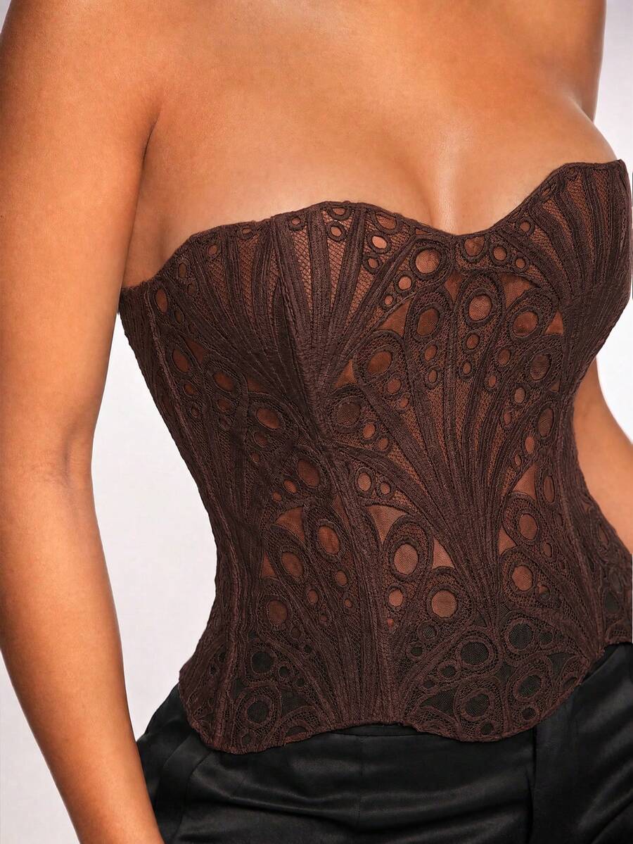 Radiana Plus Size Women's Lace Sexy Slim Fit Bandeau Top - Brown - View 1