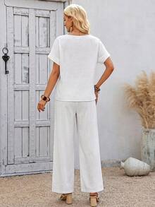 EMERY ROSE Women's Solid Color Short Sleeve Top And Long Pants Casual Daily 2 Pieces Set - White - View 2