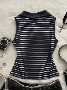 Attitoon Women's Striped Polo Collar Casual Versatile Tank Top - Royal Blue - View 5