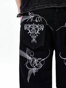 ROMWE MEN Men's Denim Embroidered Shorts, Suitable For Spring And Summer Everyday Wear - Black - View 2