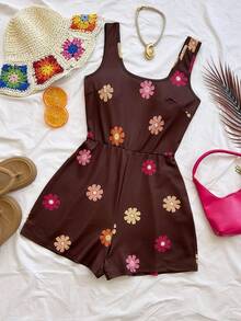 Soleia New Knitted Printed Square Neck Mini Jumpsuit Beach Brown Floral Summer Boho 90s - White - View 4