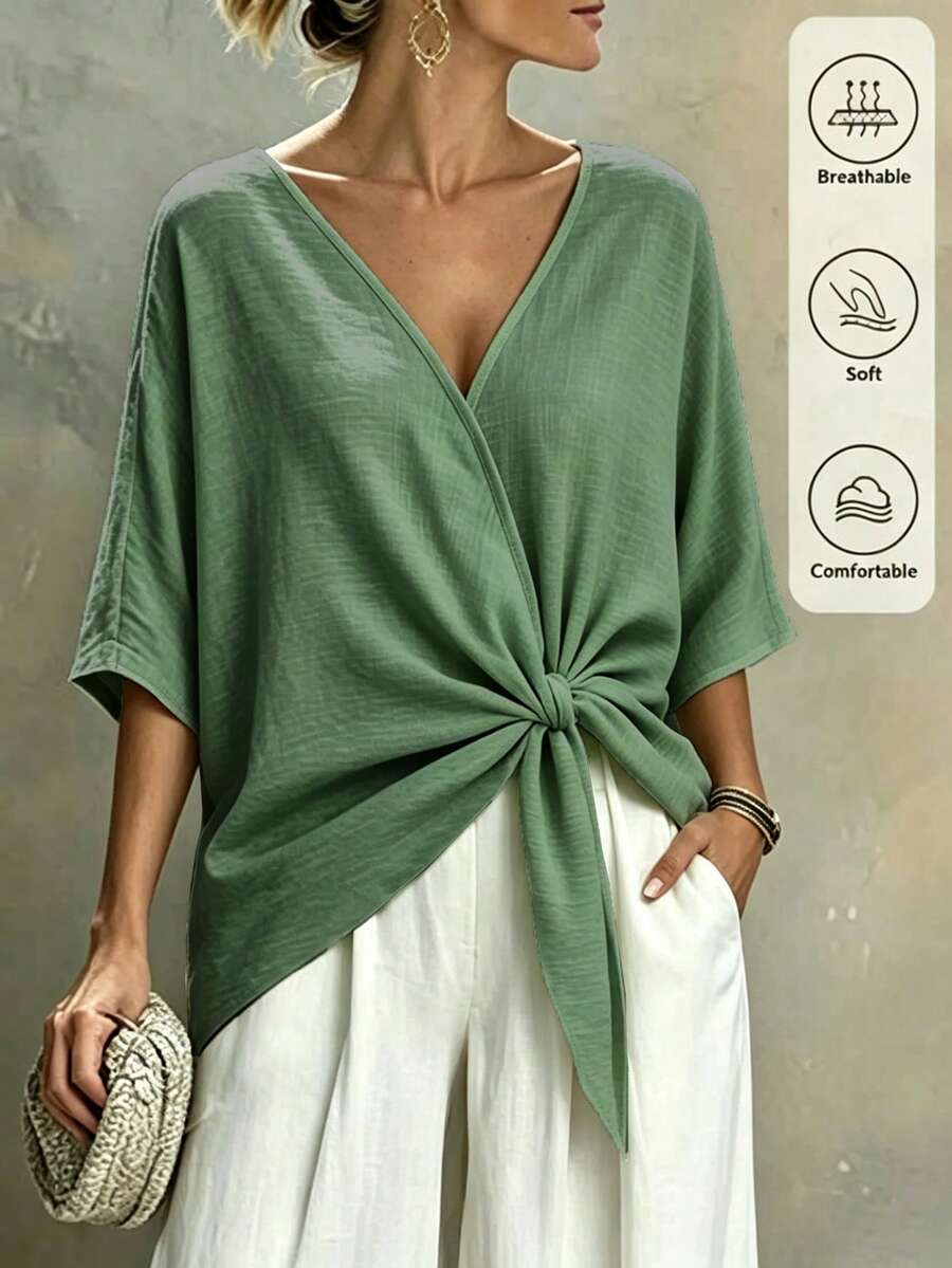 SHEIN Holidaya 女款素色蝙蝠袖休閒度假襯衫 - 軍綠色 - 查看 1