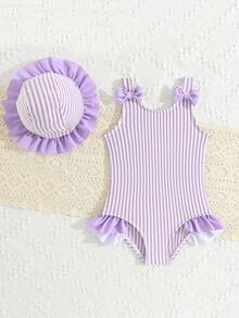 SHEIN Bañador de tirantes con volantes y lazo decorativo con estampado a rayas para niña bebé - Púrpura malva - Ver 5