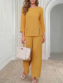 Miaspire 2 piezas Conjunto de blusa de manga larga con botones decorativos y pantalones de unicolor minimalista, conjunto casual de verano amarillo para mujer primavera-verano - Amarillo - Ver 1