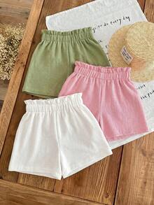 SHEIN LMoss Kids Young Girl LMoss 女孩 3件式休閒夏季套裝：梭織柔軟雙層紗布荷葉邊短褲，鬆緊腰頭，純色，百搭輕盈 - 彩色 - 查看 2